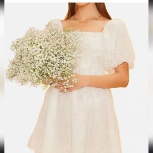 Mains Trip Puff Sleeve Mini Babydoll Dress Satin Sheen Cream S NWOT